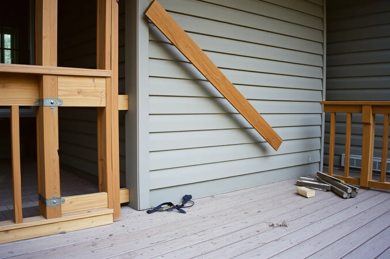 Deck attachment to house, corroded stair rails, and debris on deck surface (Vacation homes list: signal versus noise)